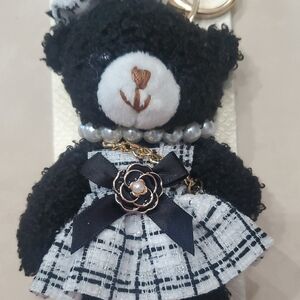 Black Teddy Bear Keychain with Bow and Pearl Accents